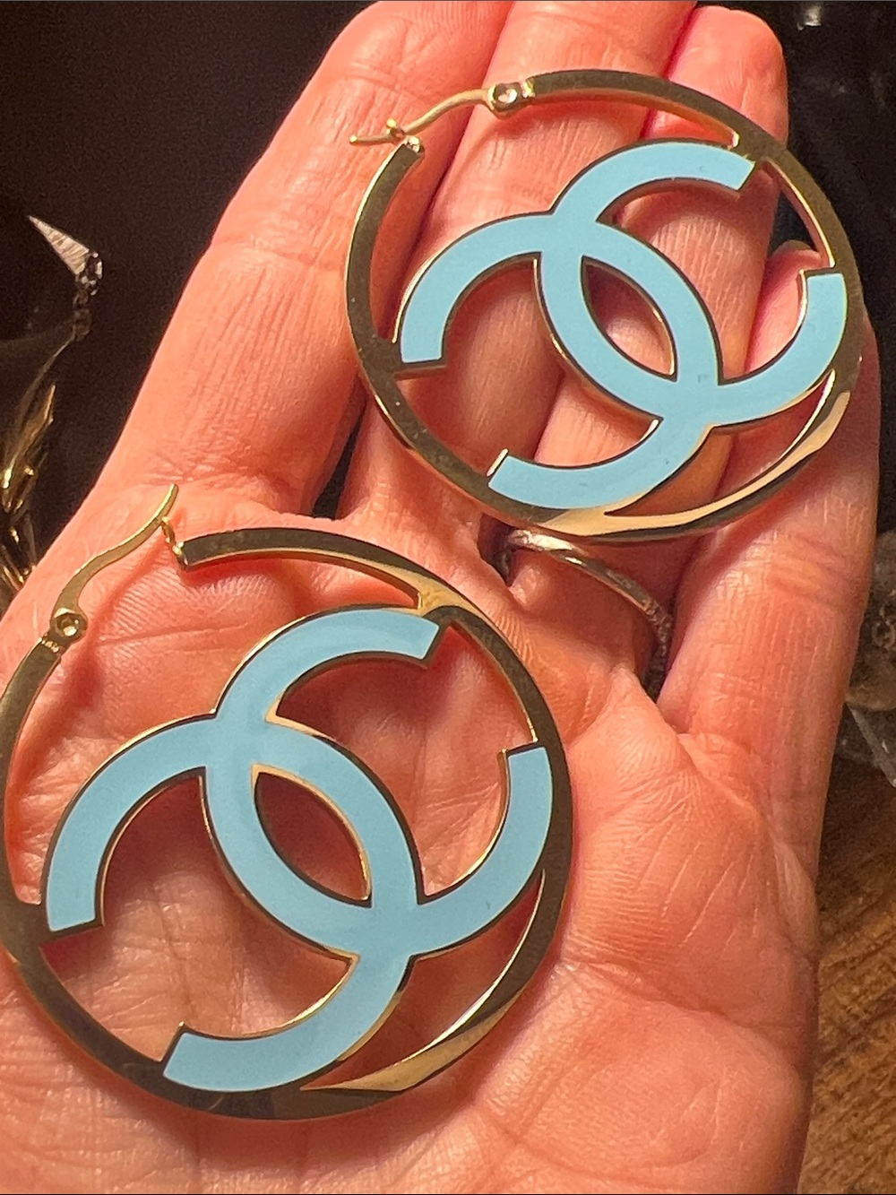 Gold Stainless Steel Hoop Earrings with Light Blue Interlocking Logo-Reversible